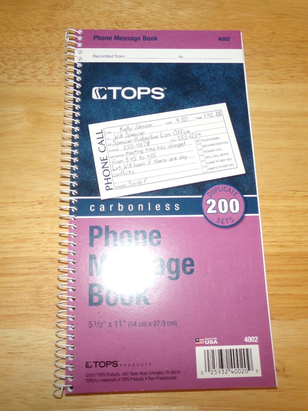TOPS Office Supplies Phone Message Book Carbonless duplicate 200 set